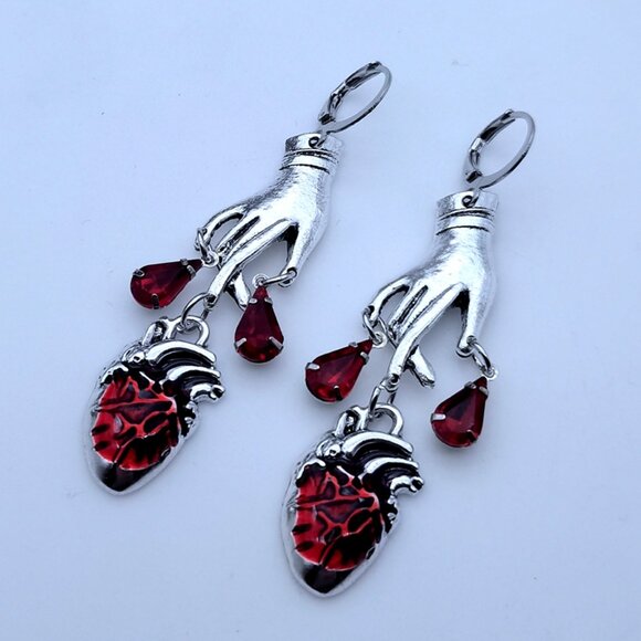 Dripping Bloody Fingers Halloween Earrings, Silver Tone - Picture 4 of 8